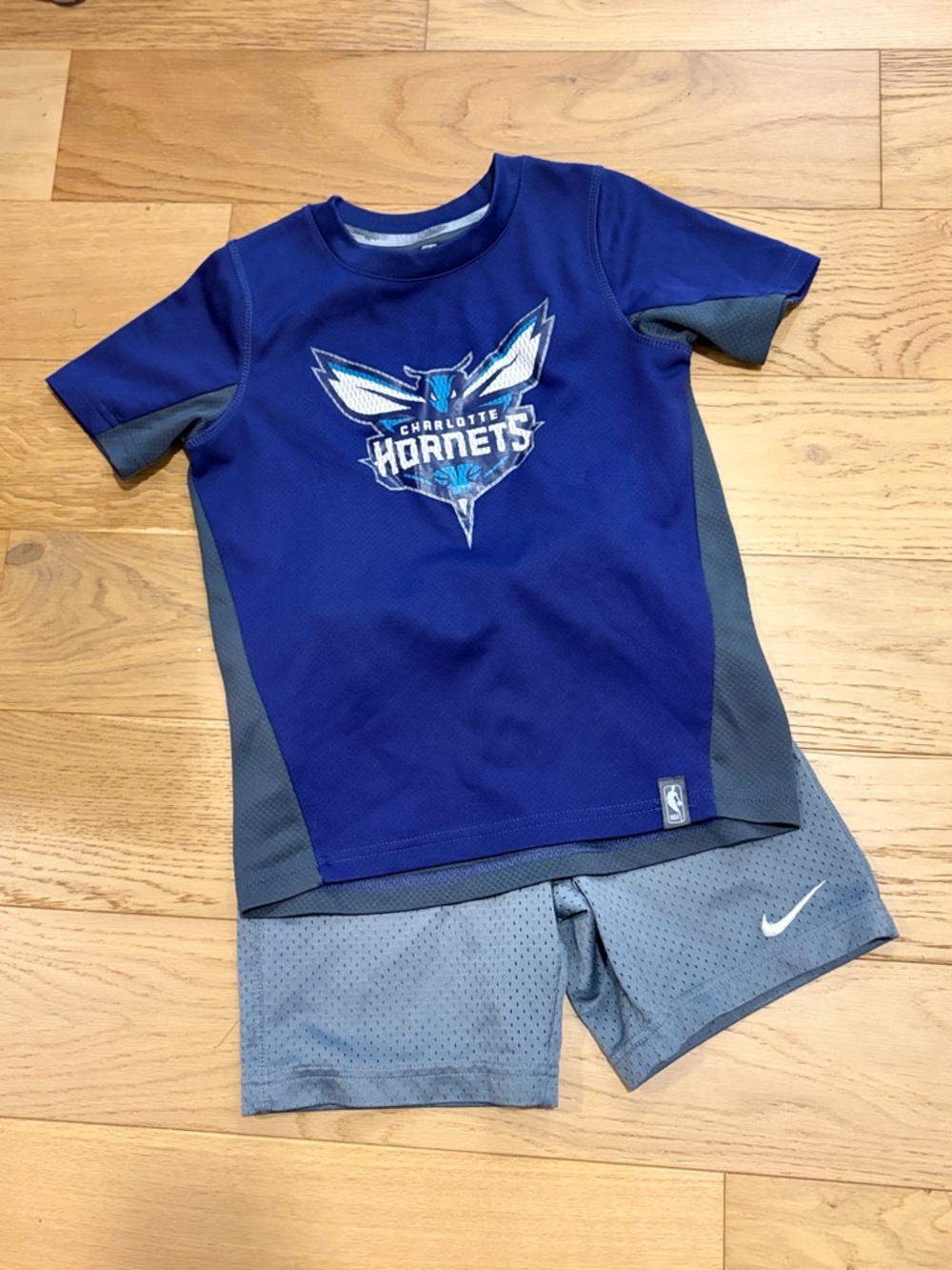 Kids Charlotte Hornets Purple & Gray Dri-Tek shirt with Nike Shorts
